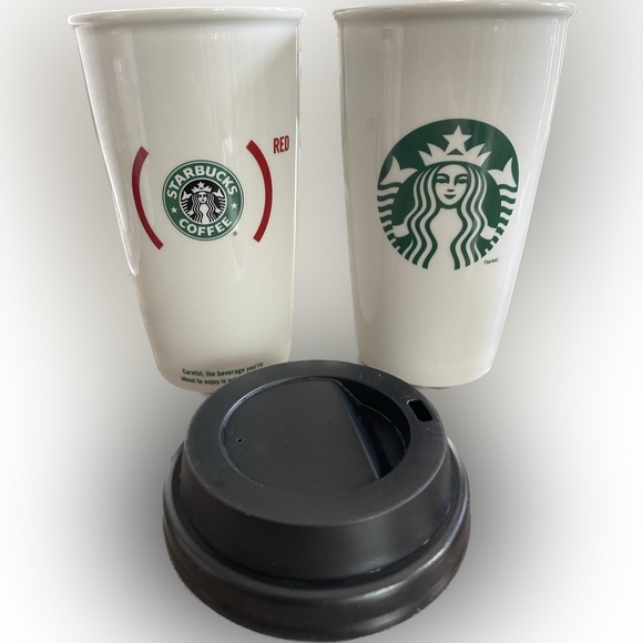 Two Starbucks RED Hope and Plain Ceramic Travel Tumbler Mug Cup - Picture 1 of 12